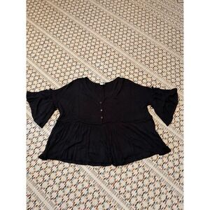 FSL Apparel Womens Black Waffle Knit Babydoll Top Ruffle Sleeve Medium ST6509